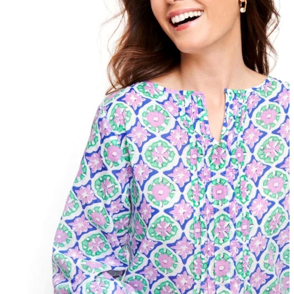 Talbots Floral Pintucked Top Womens Size 2X Petite White Multicolor Preppy Airy